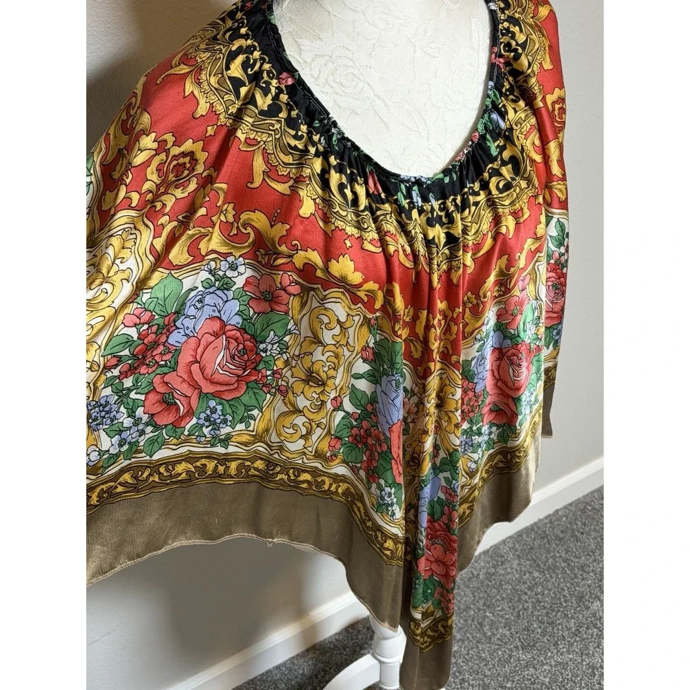 Handmade Poncho Cape~OS~Made from a Vintage Silk Scarf Floral Scroll Boho Resort